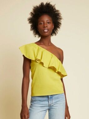 Nation LTD - Noella Ruffle One Shoulder in Chartreuse Size Large 100% Cotton